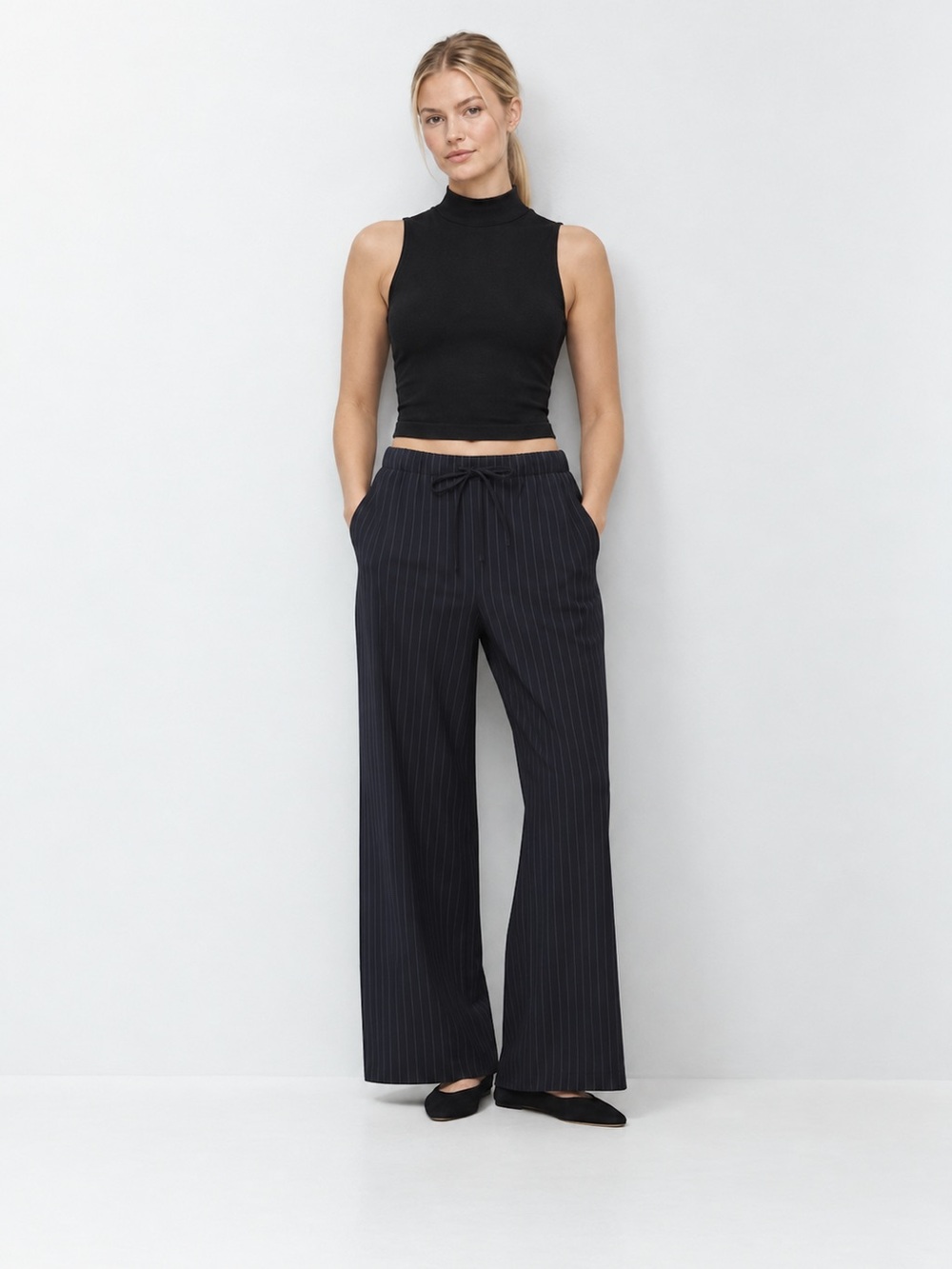 Aritzia Navy Pinstripe Wide Leg Pants